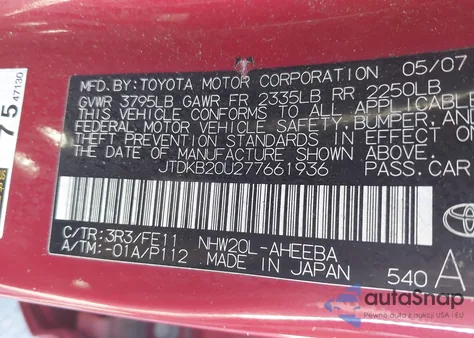 2007 Toyota Prius z USA, uszkodzony, nr VIN JTDKB20U177568468